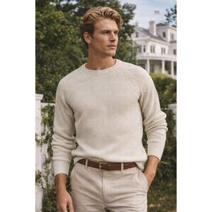 J Crew Sweater Mens L Cream Shaker Stitch Crewneck Heritage Ribbed  CG326